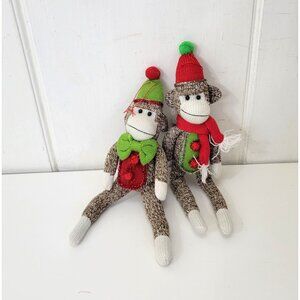 Sock Monkey Ornaments With Red and Green Christmas Hats & Scarves, Set of Two